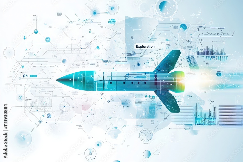 A sleek rocket design takes center stage, surrounded by digital data visualizations and scientific symbols. The background highlights themes of exploration and innovation in aerospace.
