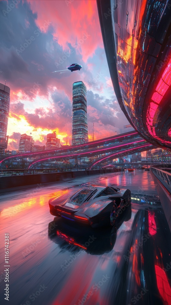 A sleek sports car navigates a high-tech city with towering skyscrapers at sunset. The vibrant sky reflects on rain-soaked streets, creating a stunning visual contrast.