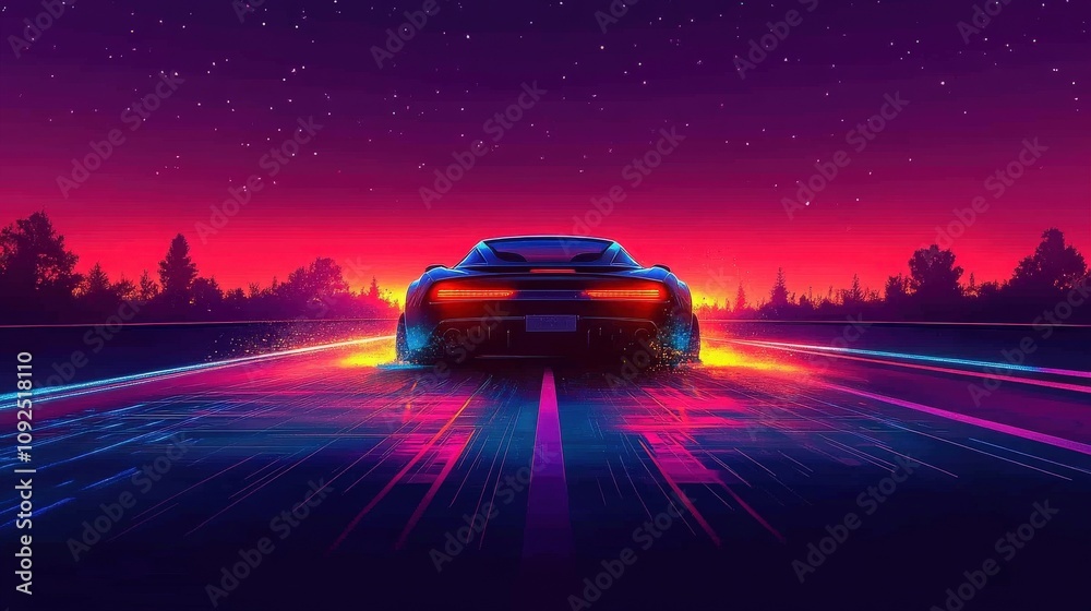 A sleek sports car races down an empty highway under a twilight sky filled with stars. Bright neon colors illuminate the road, creating a dynamic and energetic atmosphere.
