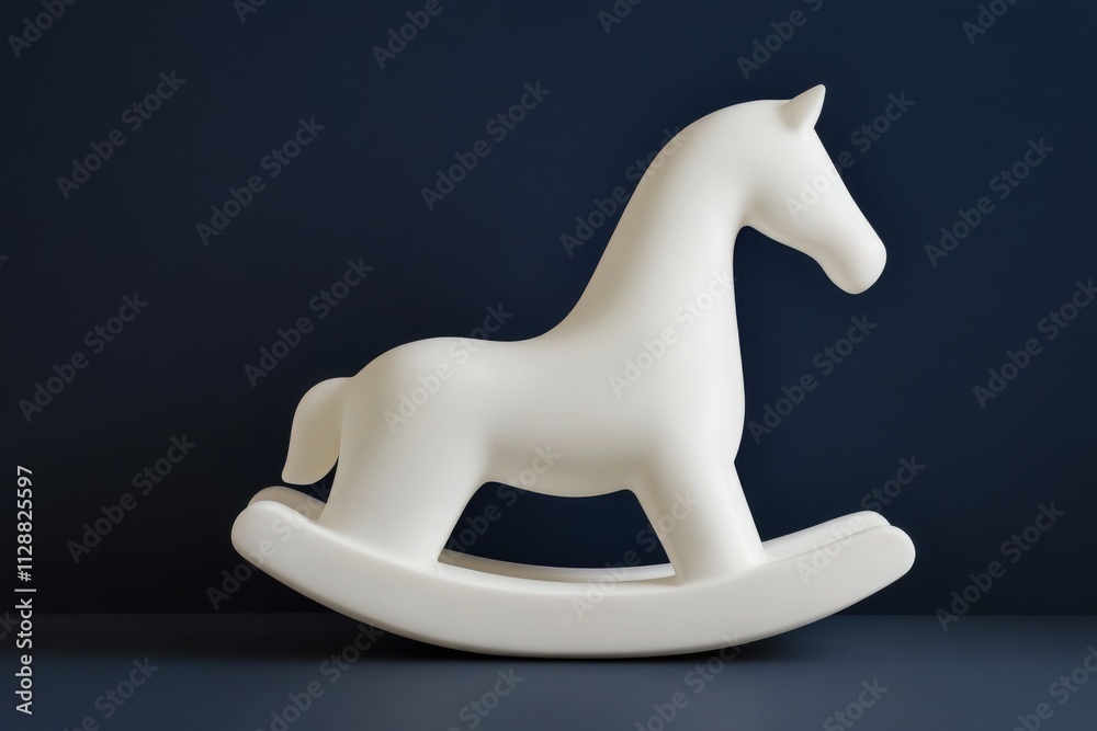 A sleek, white rocking horse made of smooth material is positioned against a deep blue wall, showcasing contemporary design and simplicity, perfect for a childs room or decor.