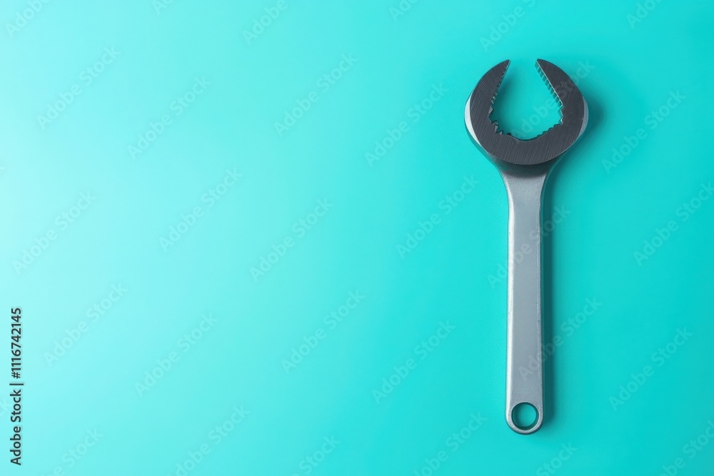 A sleek wrench lies horizontally on a bright turquoise surface, showcasing its design and craftsmanship. The tool stands out against the vivid background, emphasizing its utility in various tasks.