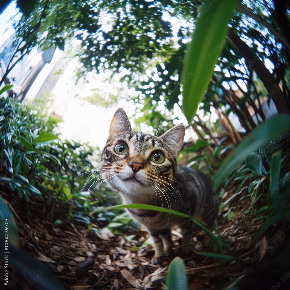 A small, adorable cat moves slowly through a lush garden, inspecting the greenery with its wide eyes and playful demeanor. Its surroundings are vibrant and inviting.