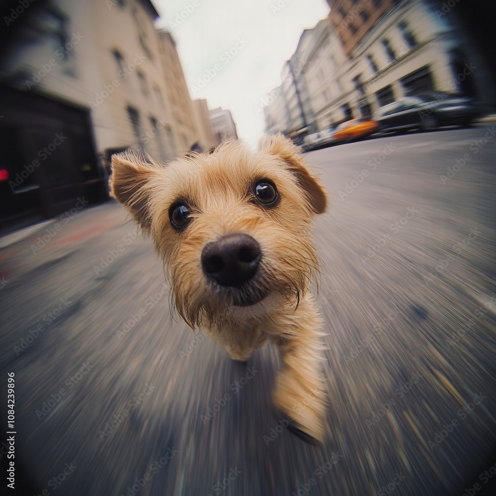 A small, adorable dog moves quickly down a busy city street, its fur ruffled by the breeze. Surrounding buildings loom, adding to the vibrant urban atmosphere on this cloudy day.