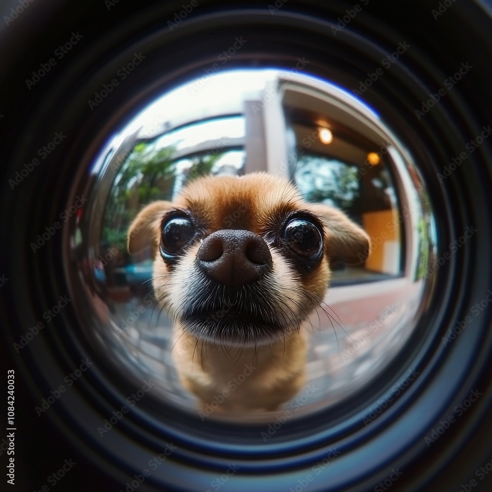 A small, adorable dog peers through a lens with wide eyes, capturing the attention with its playful curiosity. The setting is homey and inviting, bringing warmth to the moment.