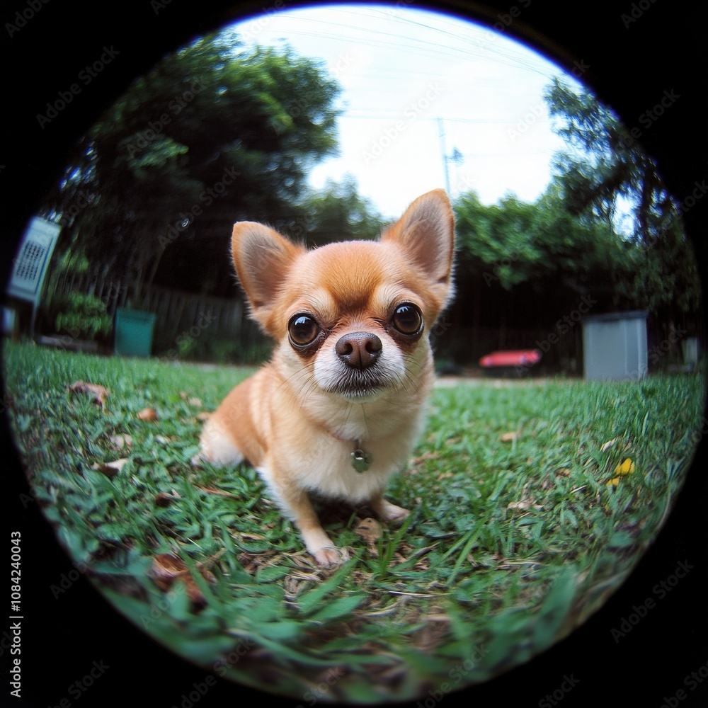 A small, adorable dog sits in a vibrant backyard, surrounded by lush green grass and colorful plants. It curiously looks around, enjoying its playful atmosphere on a sunny day.