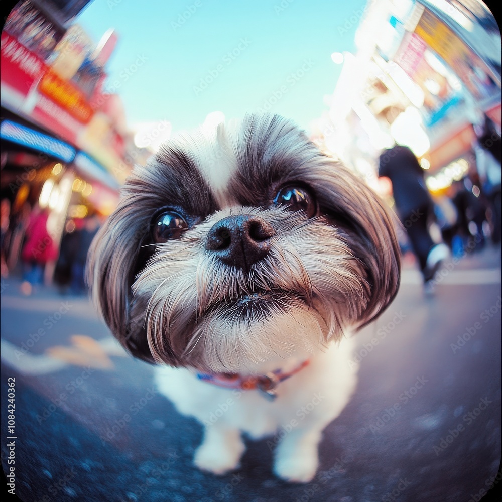 A small, adorable dog wanders curiously through a bustling street filled with people and shops on a sunny day. Its playful demeanor captures the essence of urban charm.