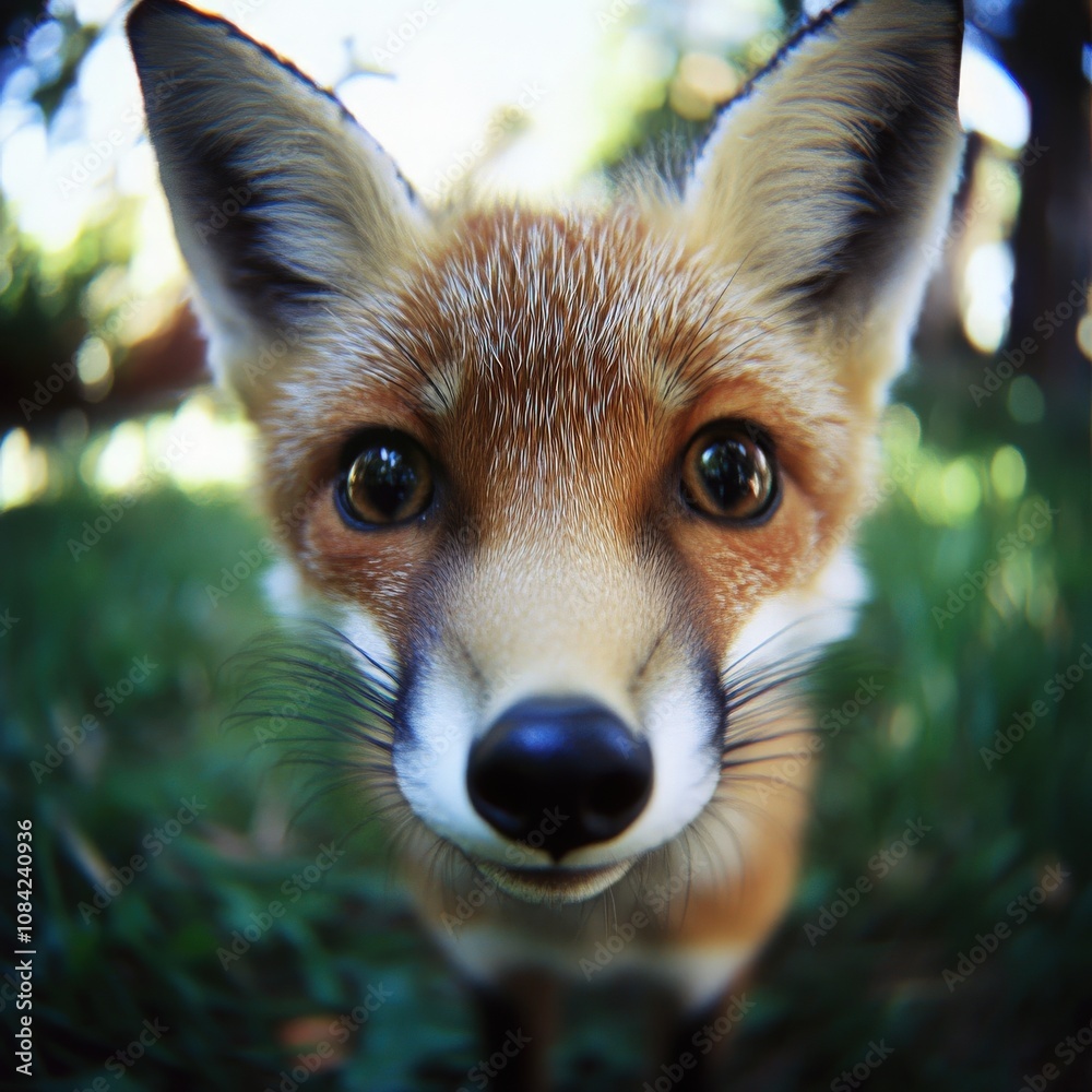 A small, adorable fox with bright eyes and soft fur slowly explores its environment. Surrounded by lush greenery, it appears curious and playful under the gentle sunlight.