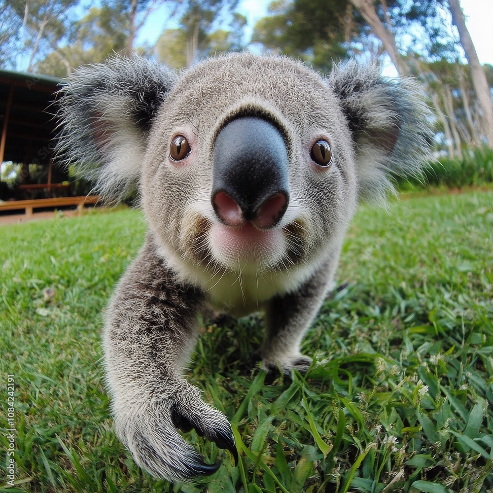 A small, adorable koala is slowly moving through lush green grass in a peaceful outdoor setting. The warm sunlight highlights its fluffy fur and inquisitive nature as it investigates its surroundings.