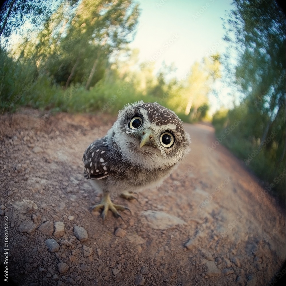 A small, adorable owl gazes curiously at its surroundings while perched on a gravel path. The vibrant greenery creates a serene atmosphere, capturing a moment of quiet exploration in the wild.
