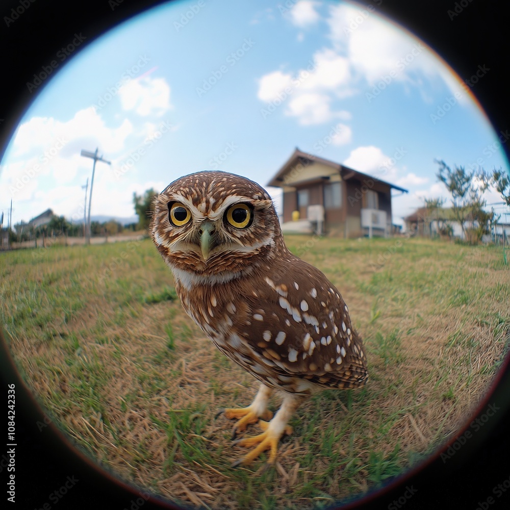 A small, adorable owl stands confidently on the grass, gazing curiously ahead. The surroundings include a charming house and a clear blue sky, creating a peaceful atmosphere.