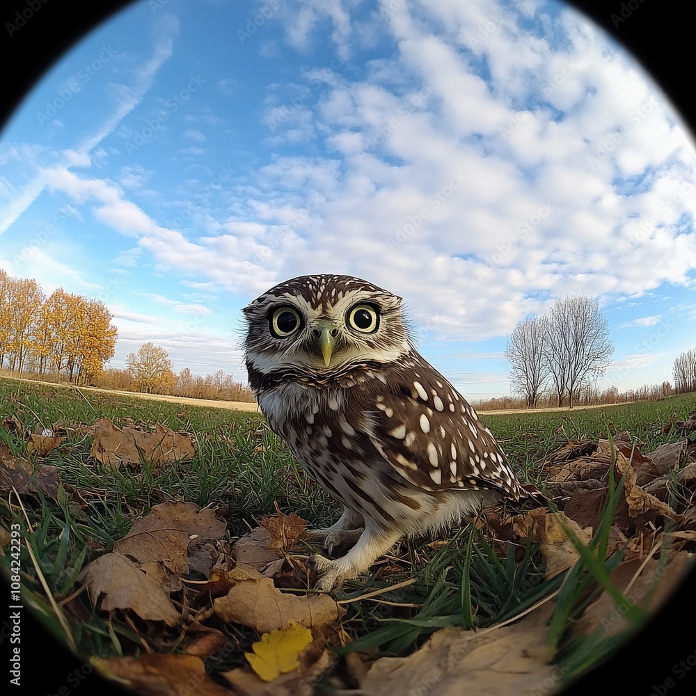 A small adorable owl stands curiously among colorful autumn leaves in a grassy area. The bright blue sky and scattered clouds create a serene backdrop as it observes its surroundings.