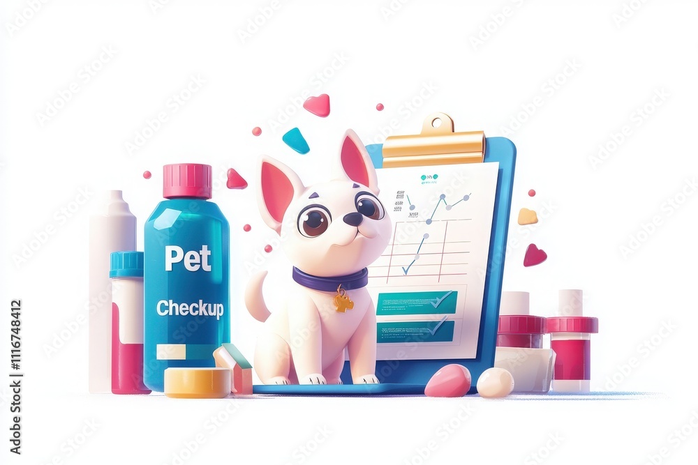 A small animated dog stands happily beside a clipboard filled with health charts. Surrounding the dog are various veterinary supplies and medications, emphasizing a pet checkup.