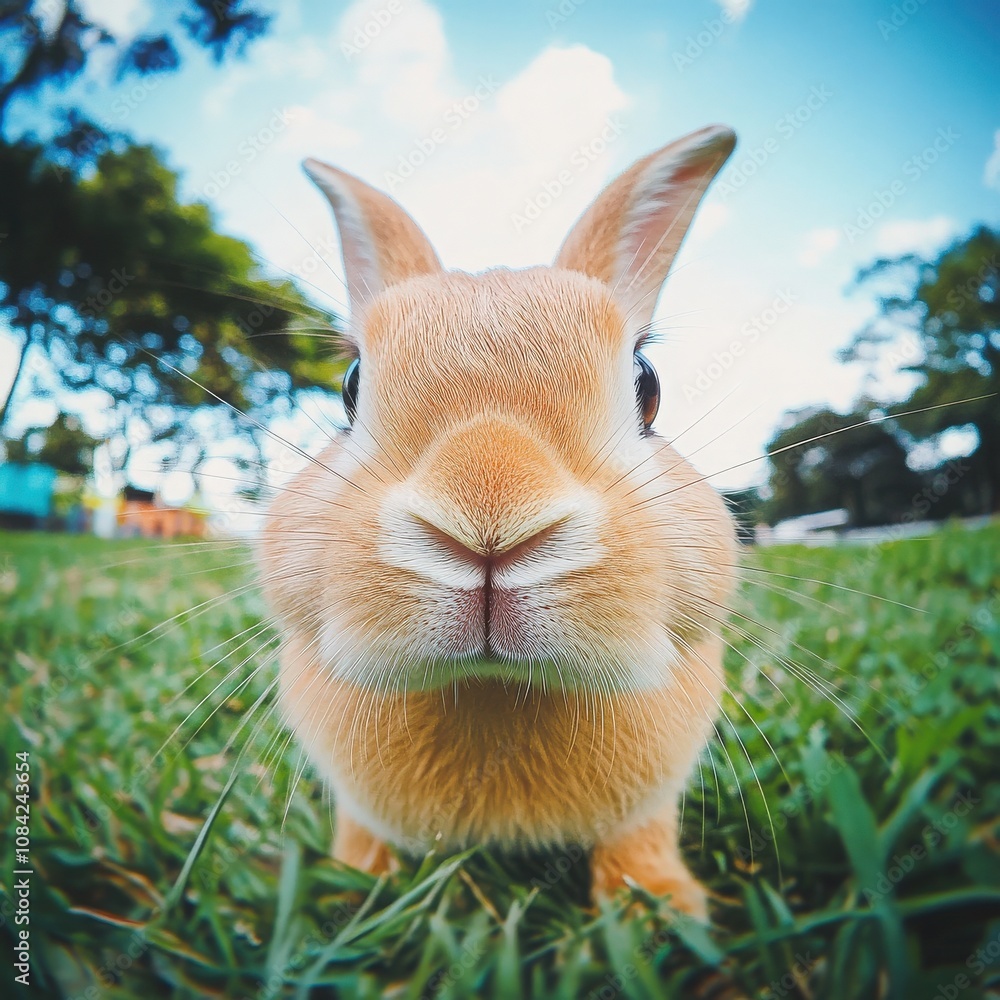 A small brown rabbit curiously looks at its surroundings while sitting in lush green grass. The sunlit afternoon enhances the rabbits soft fur as it enjoys its playful exploration.