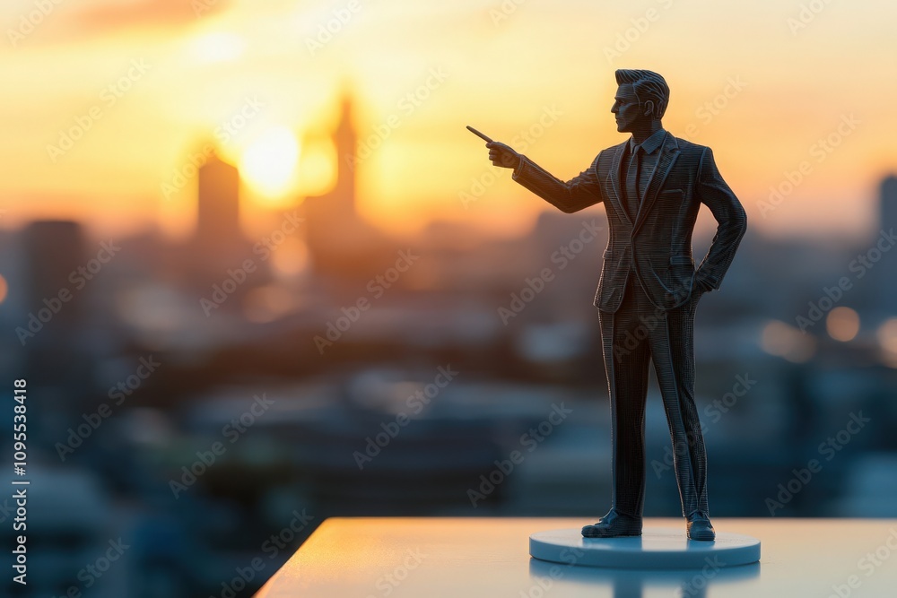 A small business figure stands confidently on a table, gesturing towards a stunning sunset view of a city skyline. The scene captures the blend of ambition and nature at dusk.