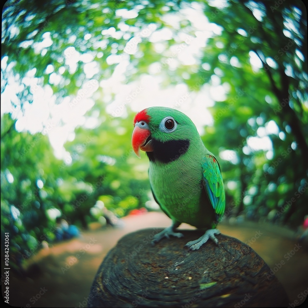 A small, colorful parrot sits quietly on a wooden log surrounded by vibrant greenery. The bird appears curious and playful, adding charm to the serene environment.