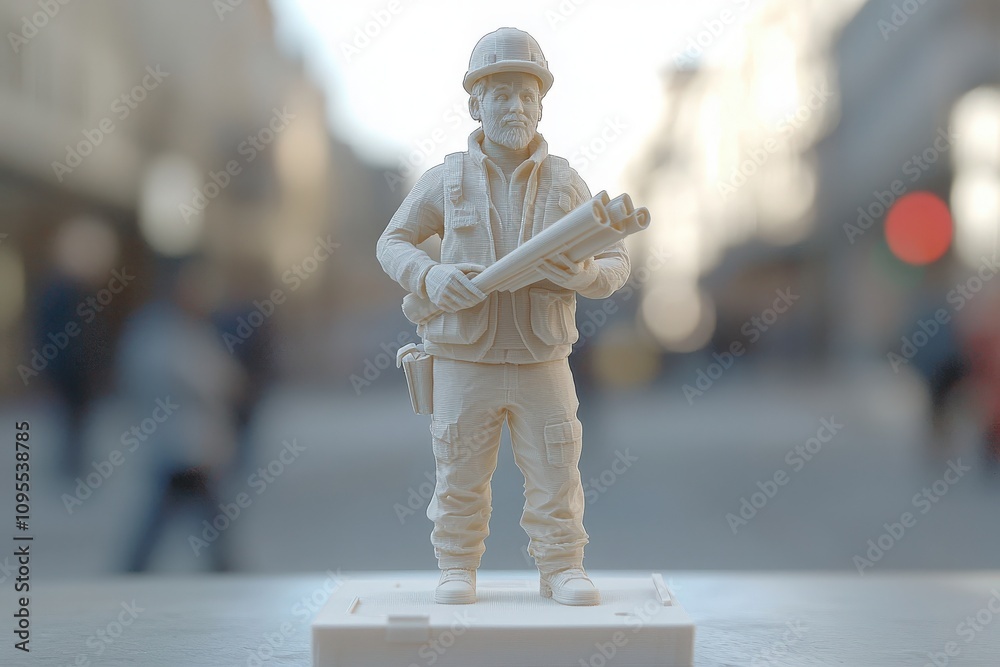 A small, detailed figurine of a construction worker holds blueprints while standing on a display. The background features a busy urban environment with pedestrians.