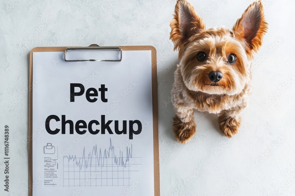 A small dog looks up while sitting next to a clipboard displaying the words Pet Checkup. This setting emphasizes the need for routine health examinations for pets.