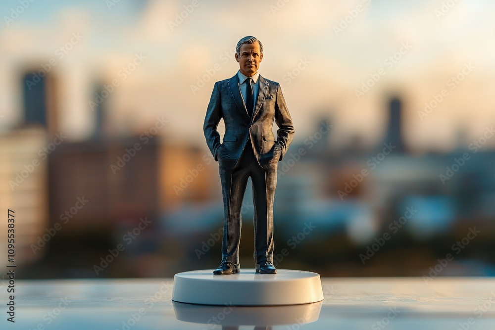 A small figure of a man dressed in a dark suit with hands in pockets stands confidently on a white pedestal.