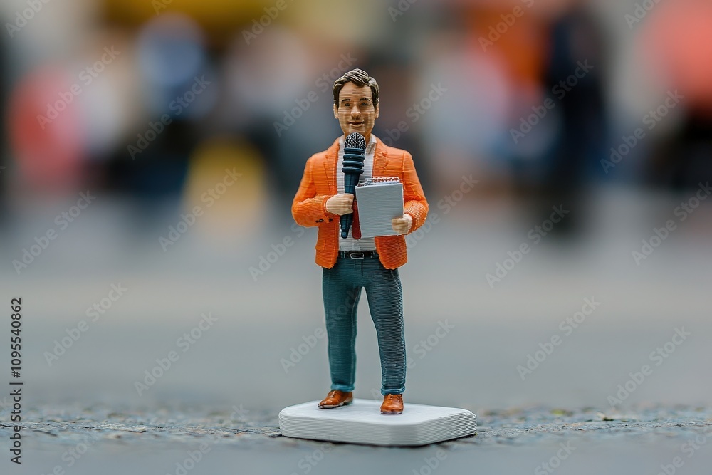 A small figure of a man in an orange jacket stands on a flat surface holding a notebook. The backdrop features an urban setting with blurred people, suggesting a busy environment.