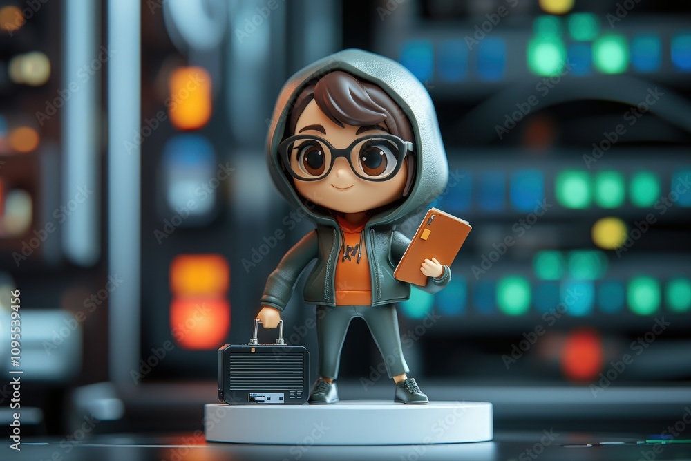 A small figurine dressed in a hoodie holds a smartphone and a briefcase against a backdrop of colorful lights and technology. The setting suggests a modern, digital atmosphere.