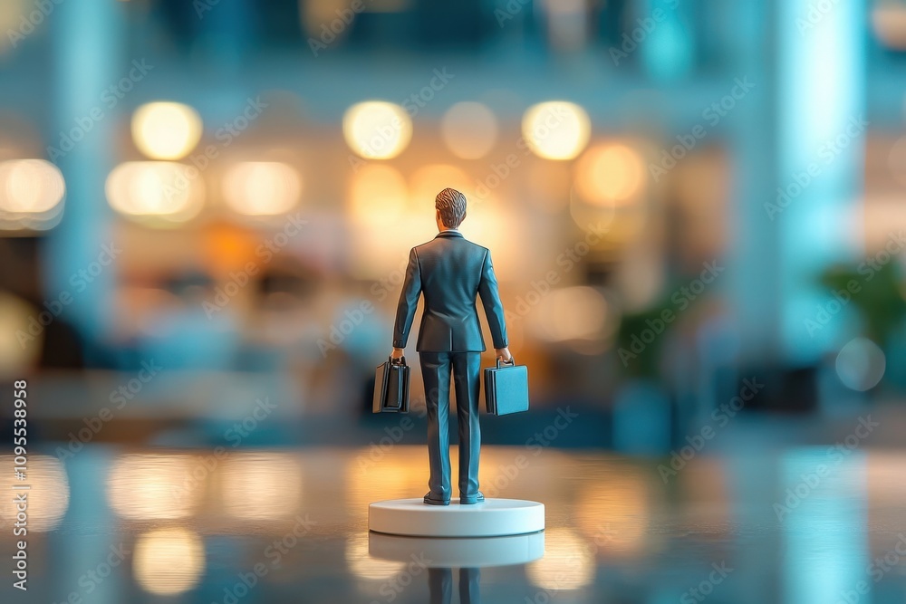A small figurine of a businessman stands on a table in a contemporary workspace. The background is blurred with a bright, bustling environment, suggesting productivity and ambition.