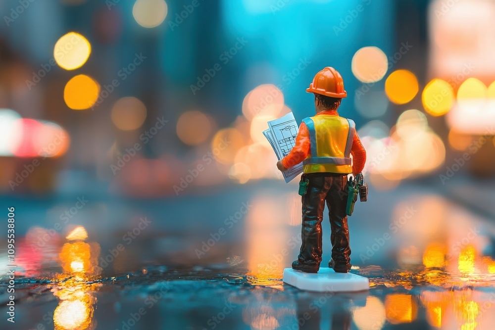 A small figurine of a construction worker, holding blueprints, stands on a glossy wet street amidst blurred city lights at dusk, capturing the essence of urban life and work.