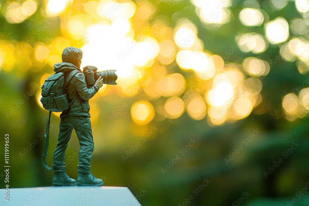 A small figurine of a photographer stands on a surface, focusing a camera on a picturesque sunset. The vibrant colors of the evening sky create a stunning backdrop of blurred bokeh.