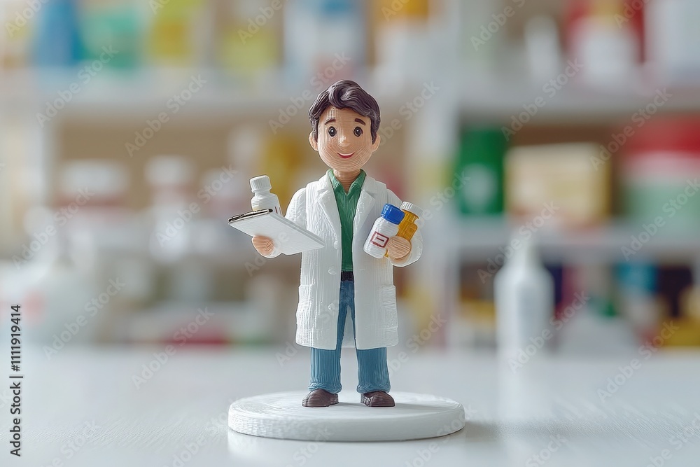 A small figurine of a smiling scientist in a white lab coat stands in a laboratory. He holds a clipboard in one hand and bottles in the other, surrounded by colorful lab materials.
