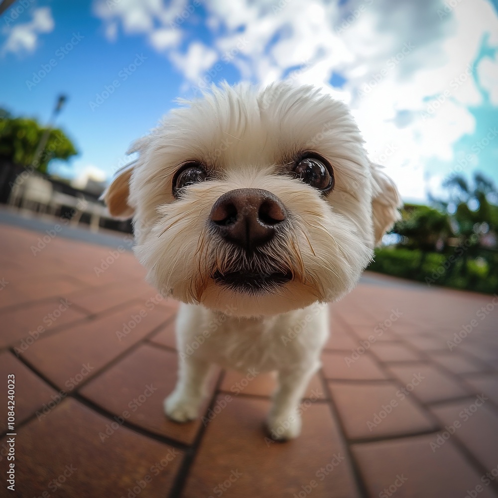 A small, fluffy dog stands curiously on a brick walkway under a bright, blue sky. The dogs playful nature shines through as it explores its surroundings with excitement.