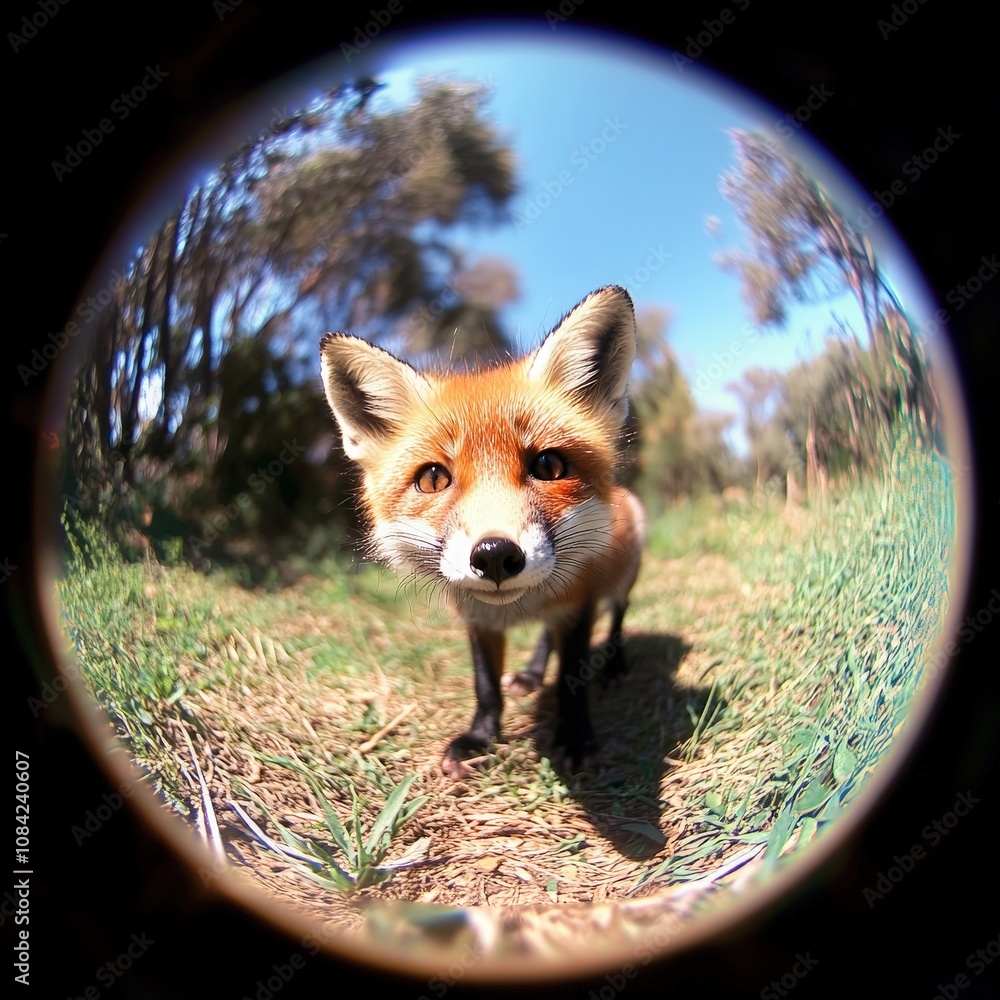 A small fox wanders through a sunny forest, its fluffy fur glowing in the sunlight. The surroundings are peaceful and vibrant with greenery as the fox curiously investigates its environment.