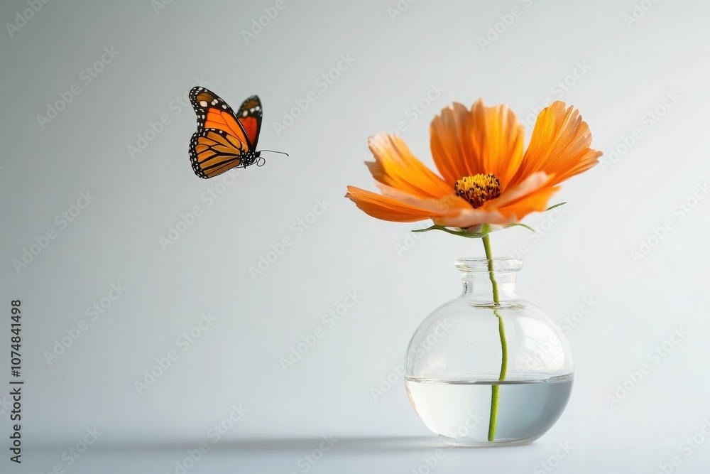 A small glass vase holds a wilted flower, while a butterfly hovers nearby, creating a delicate moment of nature indoors. The soft lighting adds to the tranquil atmosphere of the setting.