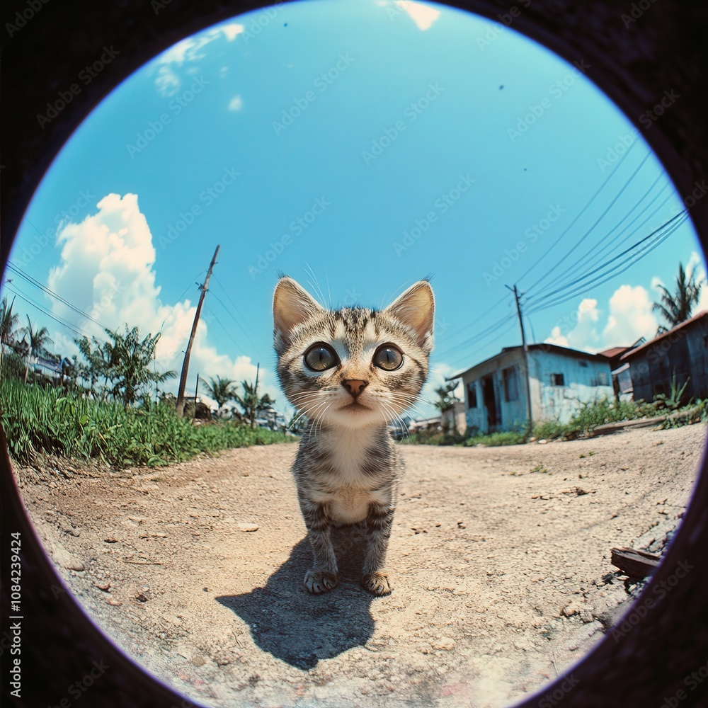 A small gray kitten wanders down a dirt path surrounded by greenery and simple buildings. The sky is clear and sunny, creating a cheerful atmosphere.
