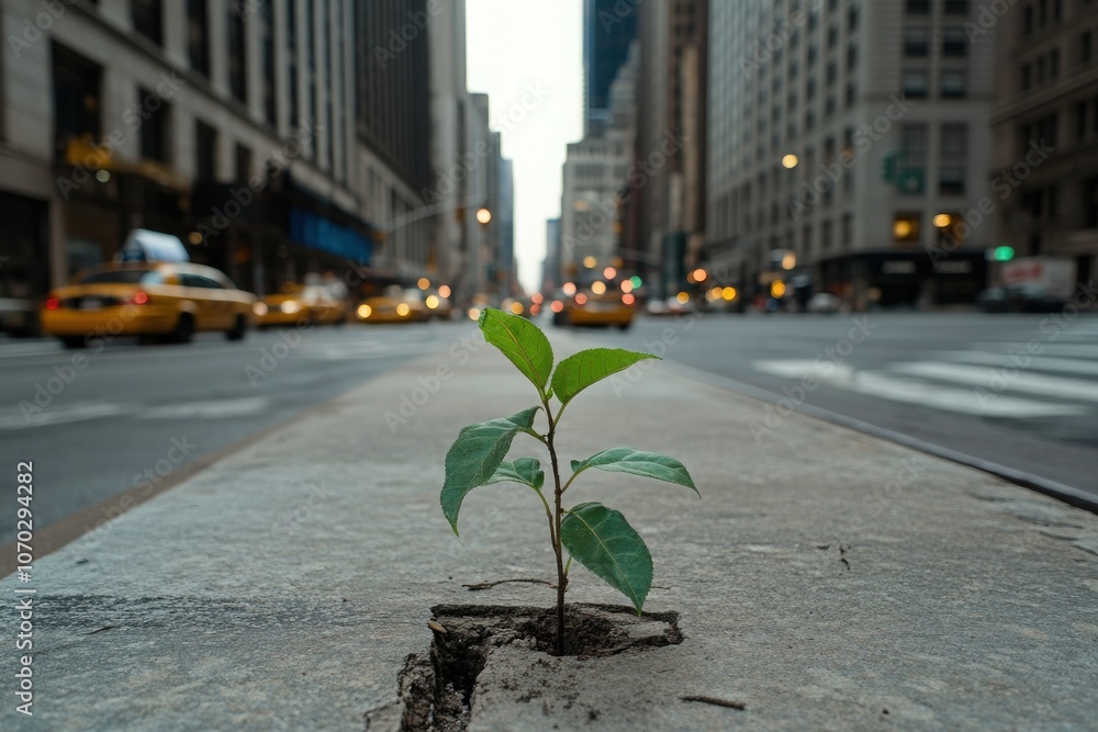 A small green plant breaks through a crack in the concrete sidewalk amidst the bustling atmosphere of a city street during the day, showcasing natures persistence in urban environments.