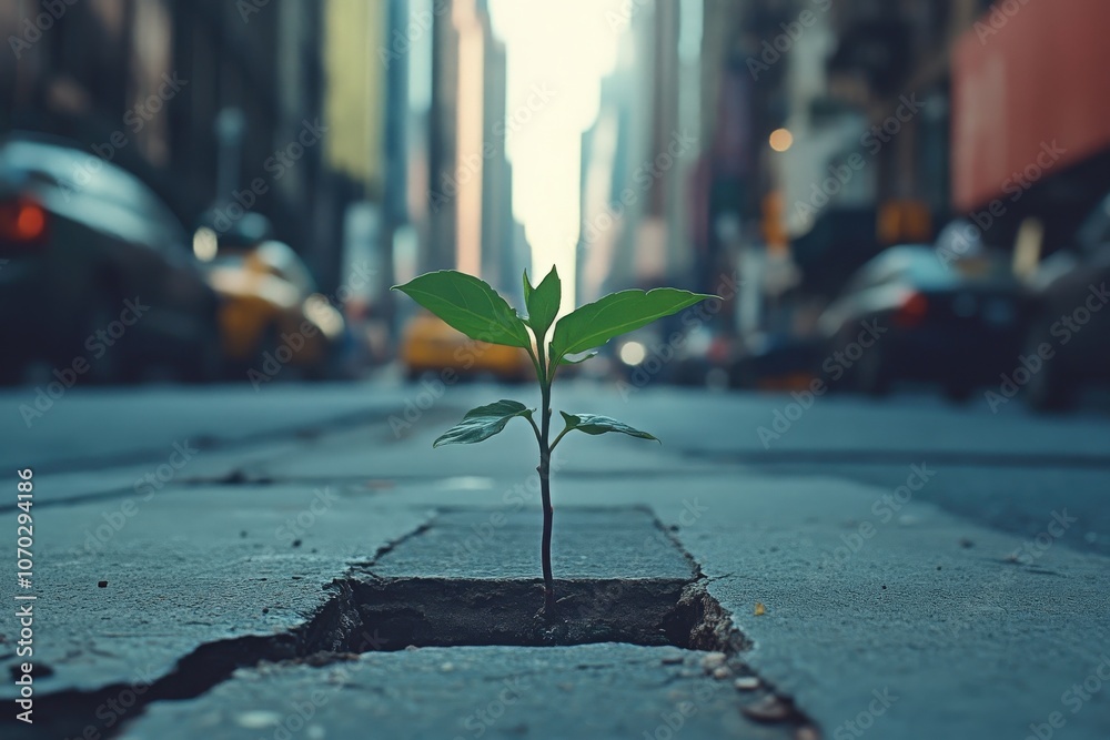 A small green plant emerges from a crack in the concrete, showcasing natures resilience amid the bustling urban environment with cars and buildings in the background, under daylight.