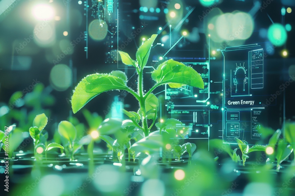 A small green seedling is growing amidst numerous other plants surrounded by digital displays showcasing information on green energy and sustainable farming practices.