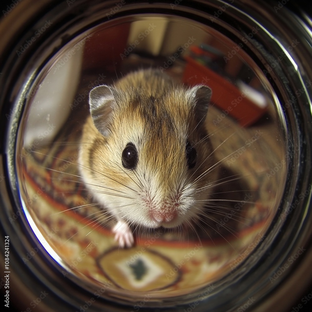 A small hamster curiously investigates its environment, moving slowly yet playfully. The cozy room provides a warm atmosphere, perfect for this charming pets adventure.
