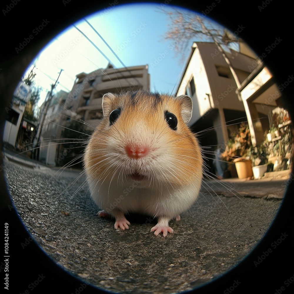 A small hamster waddles slowly along a serene street, its round face and curious expression capturing the charm of urban life. The warm afternoon sun casts a lovely glow on the surroundings.