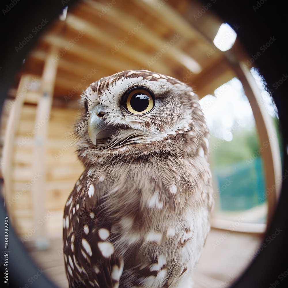 A small owl sits quietly, showcasing its unique feather patterns and large eyes. The wooden background adds a natural touch to this charming moment in the daylight.