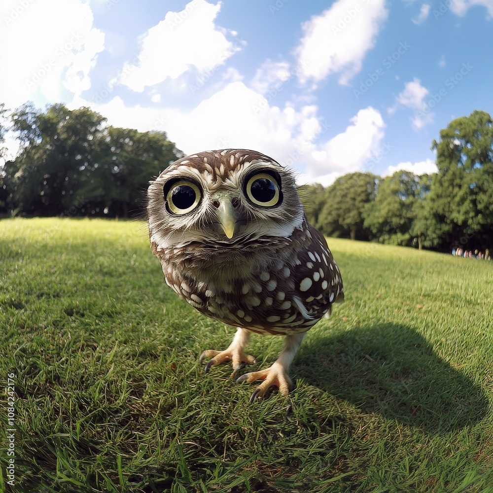 A small owl with large eyes is curiously exploring the lush green grass. The bright blue sky and fluffy clouds create a vibrant backdrop for this adorable moment in nature.