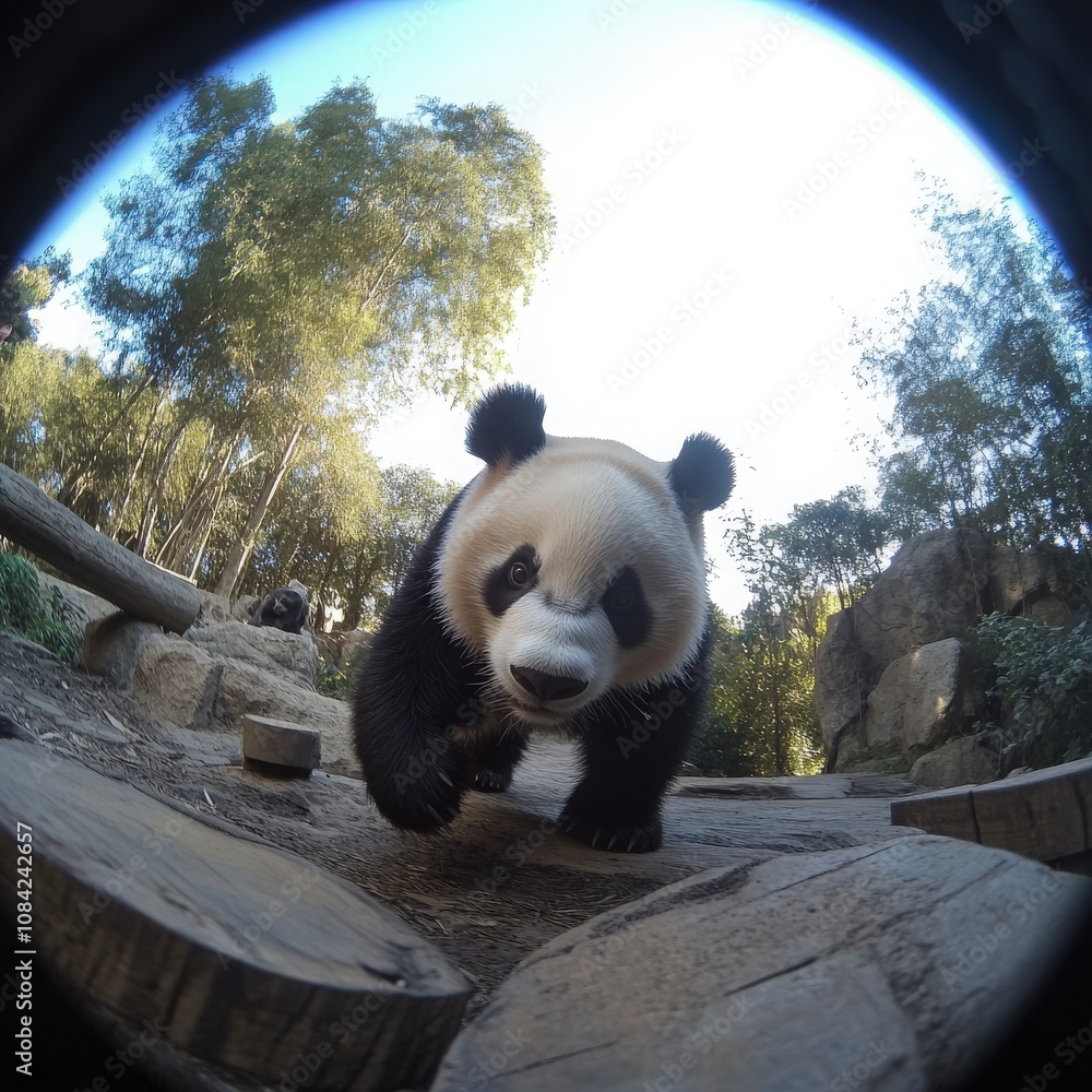 A small panda moves slowly towards the viewer in a vibrant environment filled with bamboo. The sun shines brightly, creating a warm atmosphere around the curious creature as it explores.
