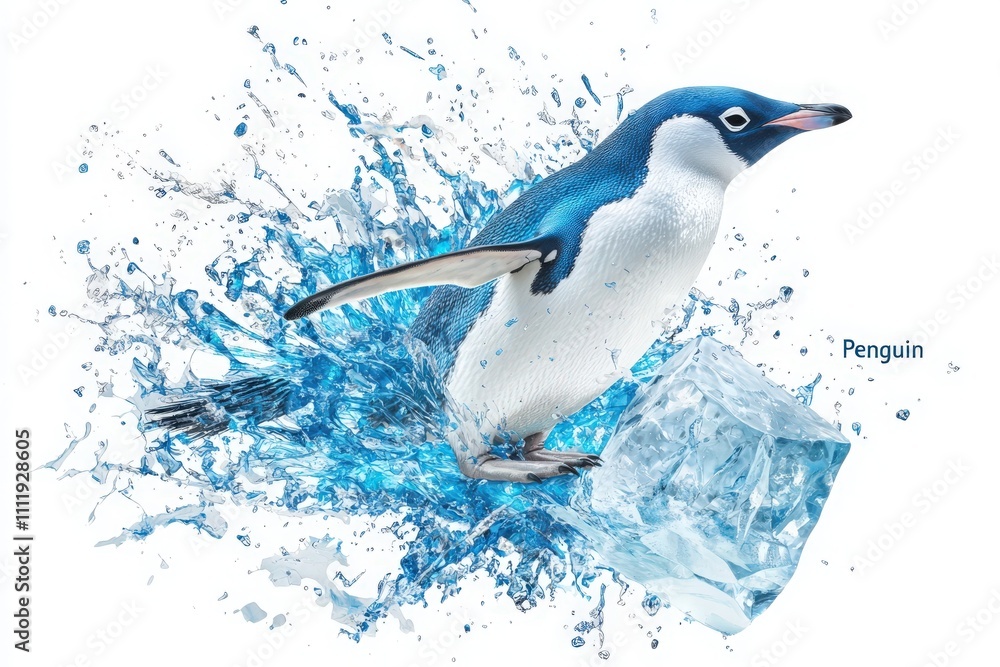 A small penguin leaps from the water, creating a splash of blue droplets around it. A chunk of ice sits nearby, enhancing the vibrant aquatic environment.