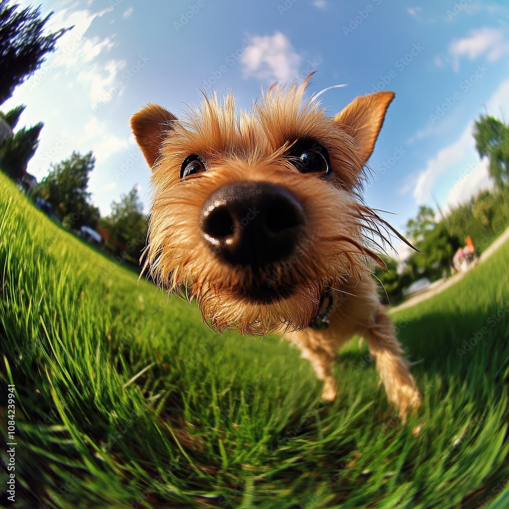 A small, playful dog joyfully sniffs around in the lush green grass while sunlight bathes the park. The pet exhibits curiosity and enthusiasm, enjoying its outdoor adventure.
