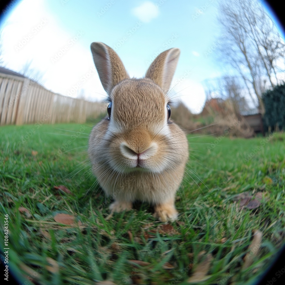 A small rabbit hops slowly across a lush green lawn, curiously investigating its surroundings. The bright sky and gentle sunlight create a peaceful afternoon ambiance in the outdoor space.
