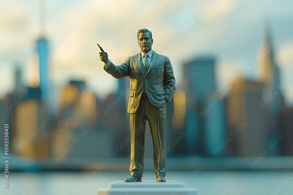 A small statue of a businessman stands on a pedestal, gesturing with one hand as he faces a bustling city skyline during sunset.