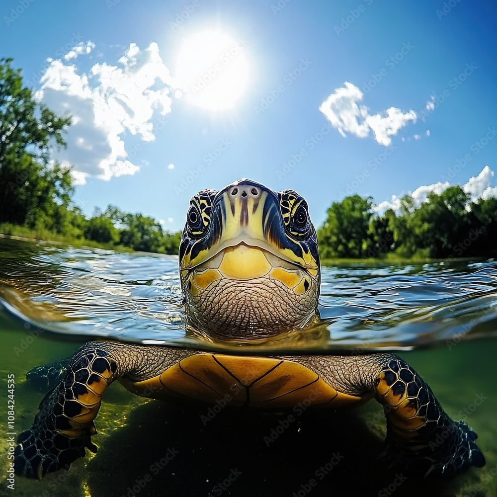 A small turtle glides gently through clear water, its head above the surface, soaking in the warmth of the sun.