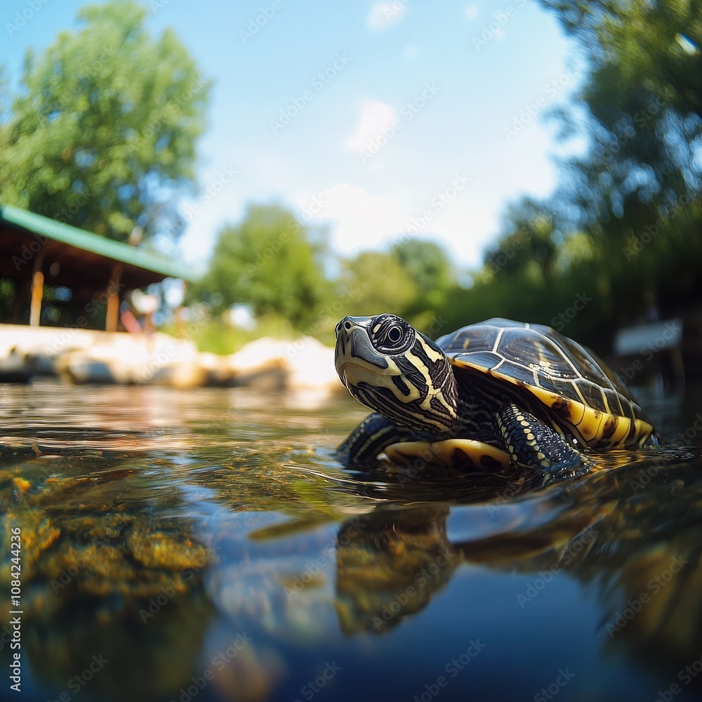 A small turtle glides slowly through the calm water of a serene pond, surrounded by lush greenery and a bright blue sky. Its distinctive shell shines as it navigates peacefully.