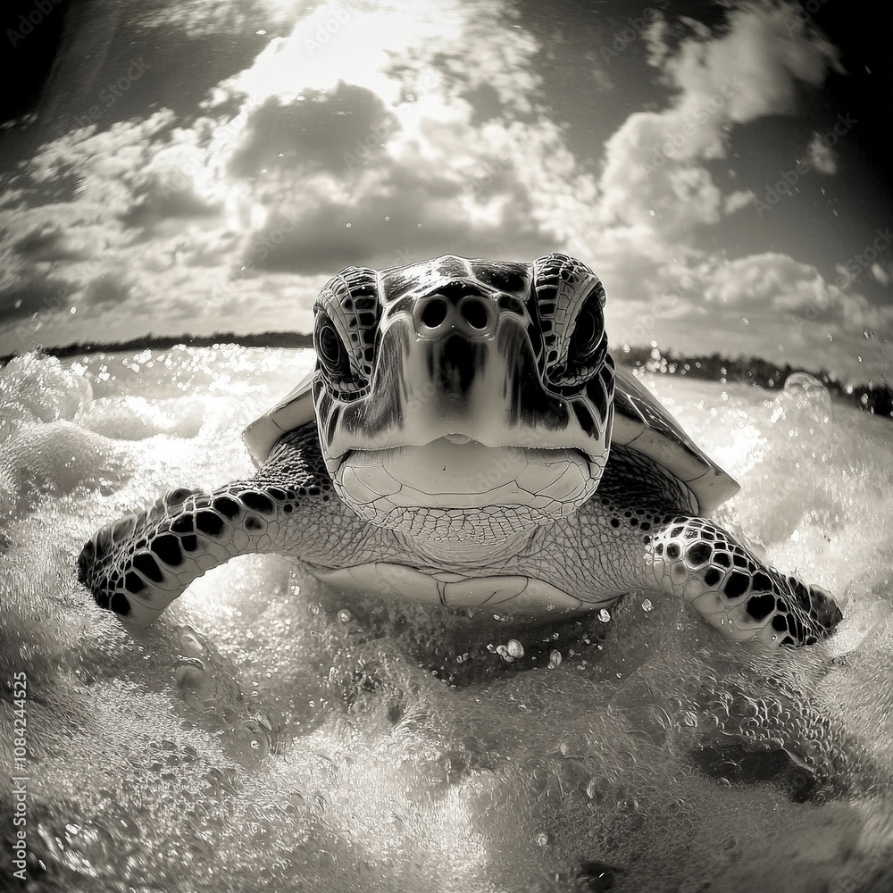 A small turtle gracefully moves through the water, surrounded by splashes and bubbles. The bright sunlight shines above, creating a peaceful atmosphere as the turtle enjoys its aquatic journey.