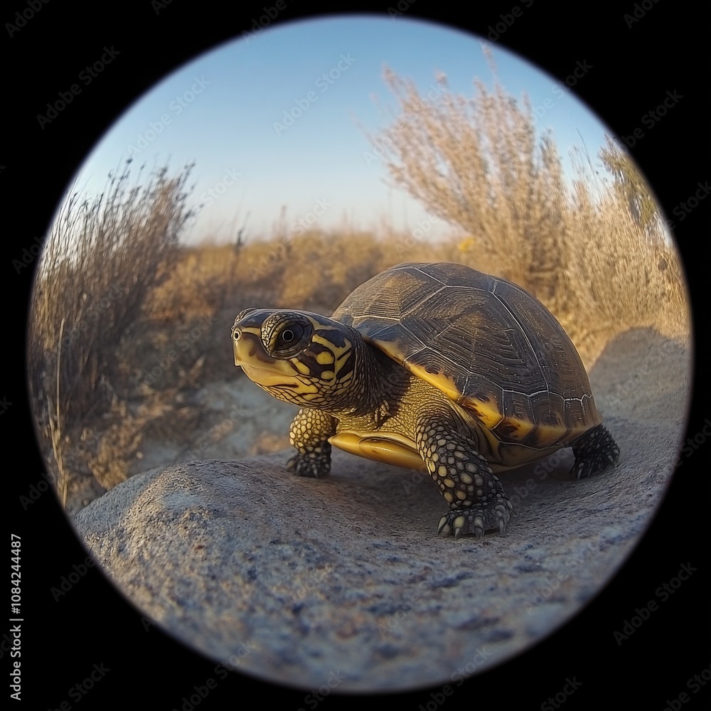 A small turtle moves slowly across a rugged surface, showcasing its unique shell pattern. The environment features sparse vegetation and bright sunlight, creating a serene atmosphere.