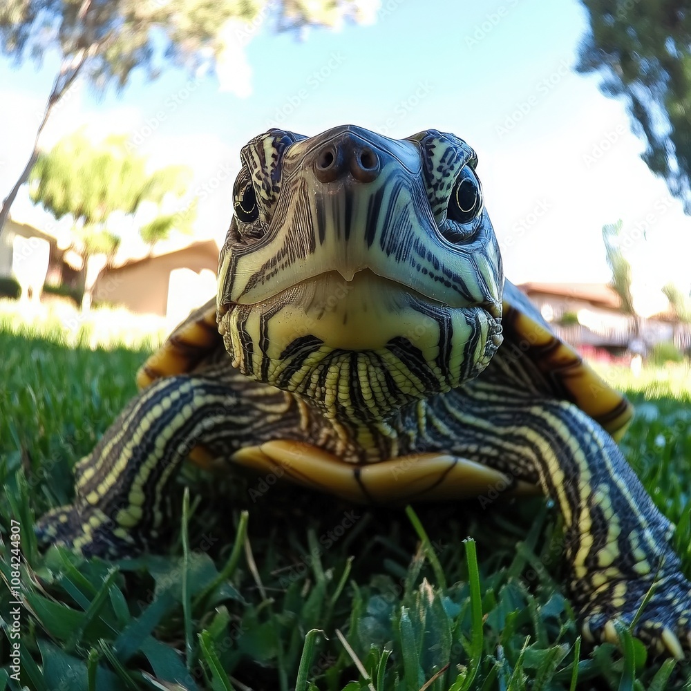 A small turtle moves slowly across the lush green lawn, while the sun shines brightly above. Its unique shell patterns and inquisitive expression add charm to this serene backyard moment.