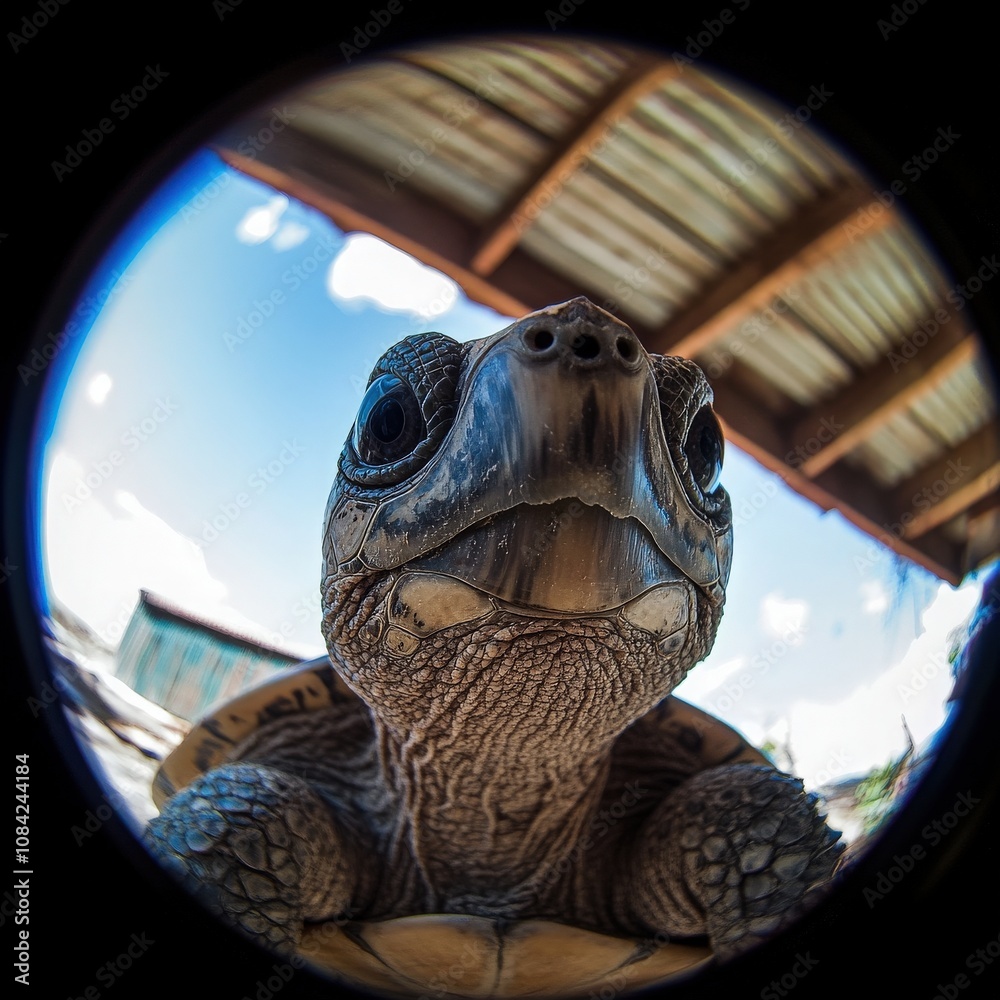 A small turtle moves slowly beneath a rustic shelter, peering out with curiosity. The bright sky and textured surroundings create a vibrant backdrop for this enchanting moment.